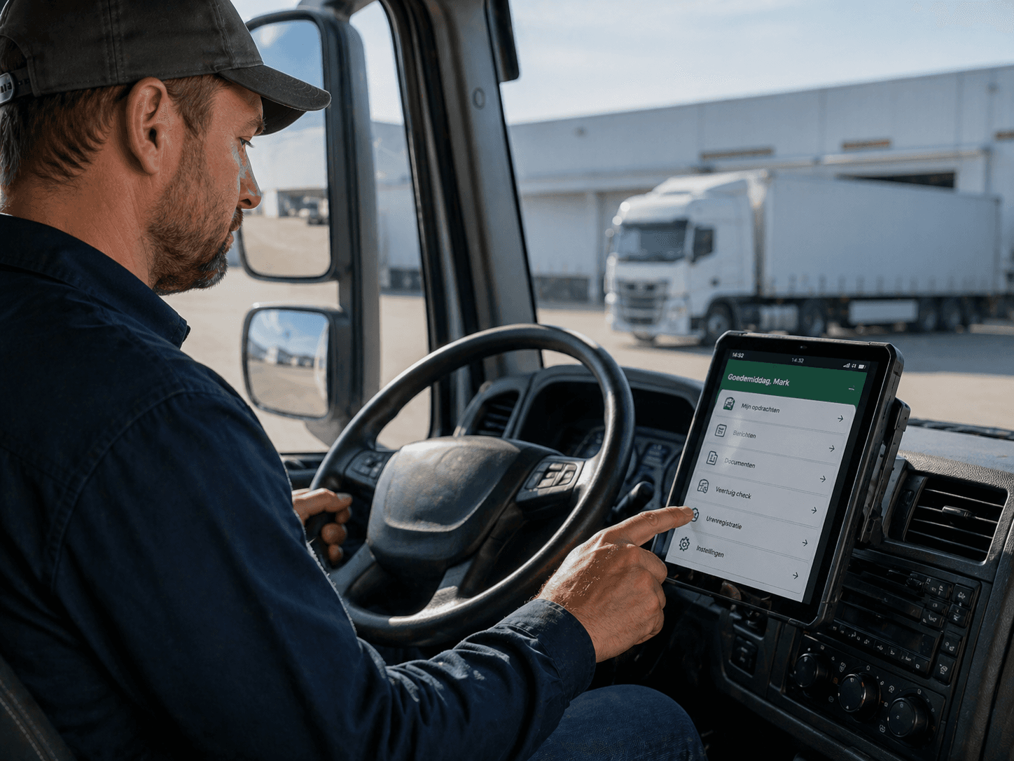 Een chauffeur in zijn cabine — werkinstructies en transportprocedures voorgelezen in zijn eigen taal.